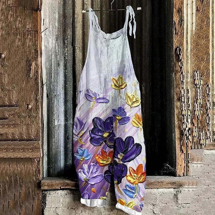 Utbros Vintage Purple Summer Floral Art Linen Blend Loose Casual Jumpsuit