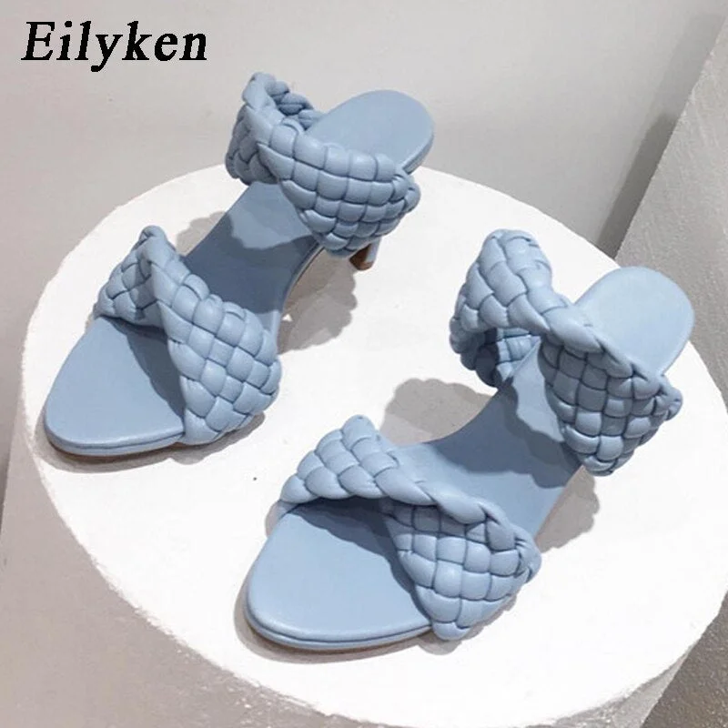 Eilyken Fashion Woman Handmade Weave Knitted Slippers Lady Crossover Open Toe Thin Heels Party Sandals White Black Blue size 42
