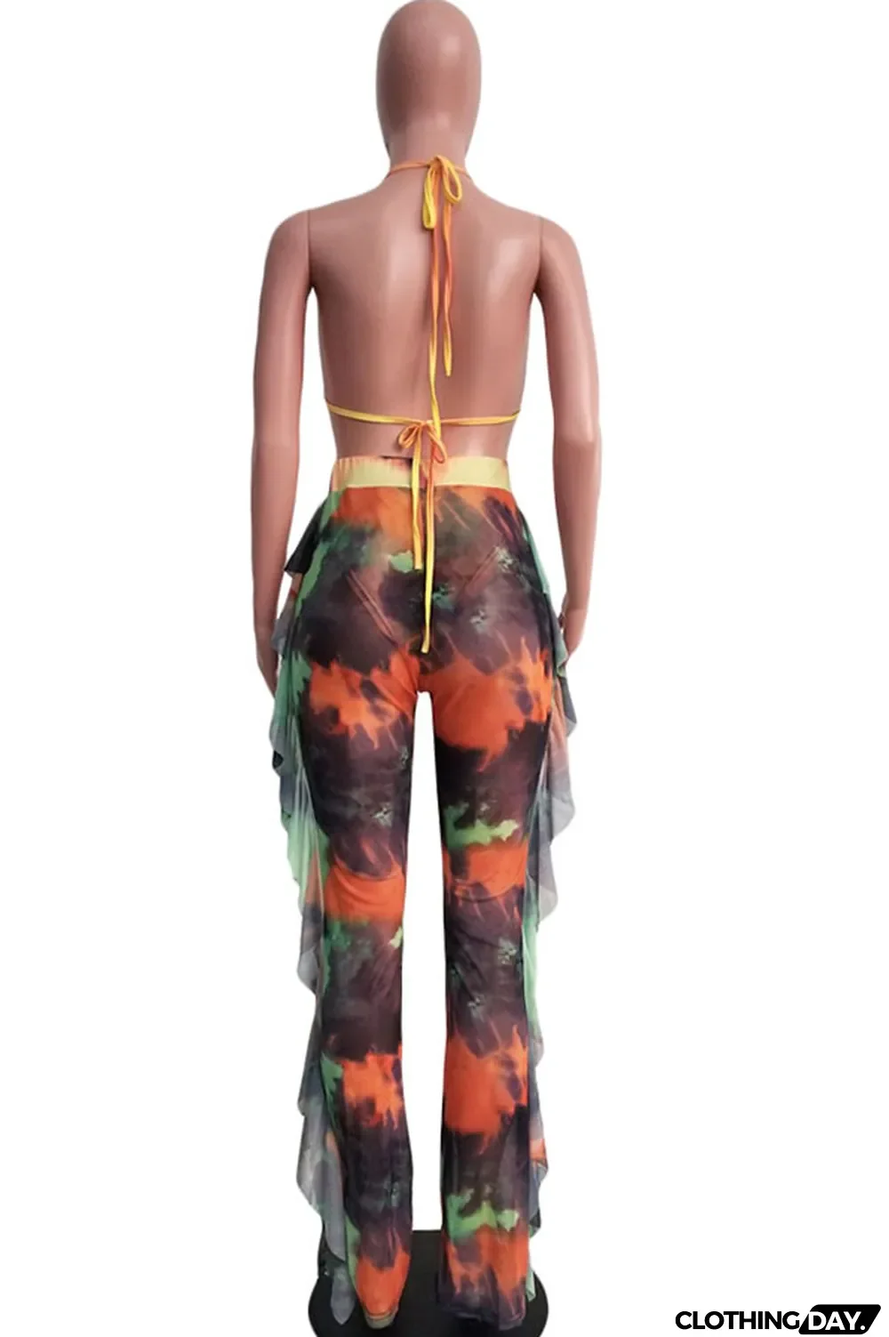 Yellow Polyester Sexy Fashion Stringy selvedge Print Tie Dye Patchwork Loose Sleeveless