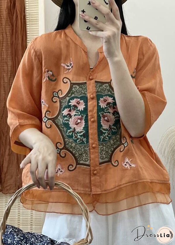 Retro Orange V Neck Embroideried Button Patchwork Linen Shirts Half Sleeve