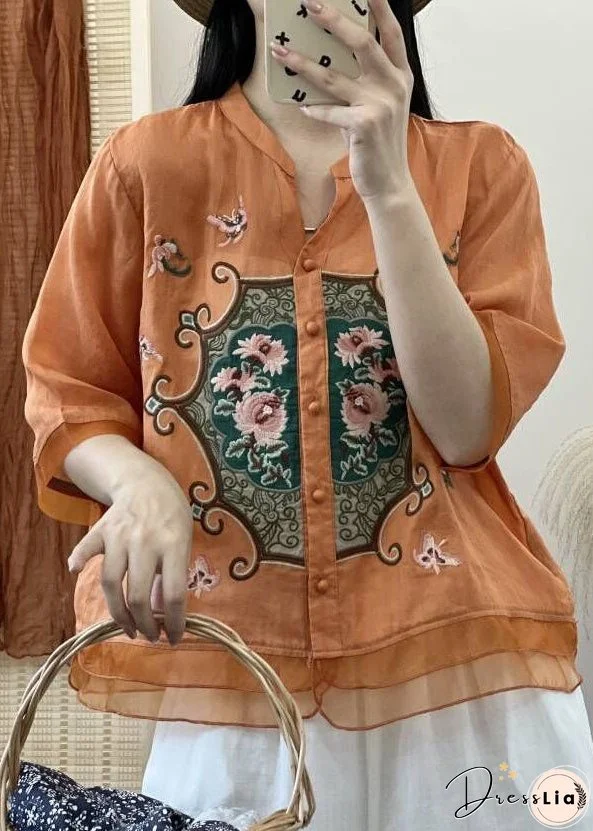 Retro Orange V Neck Embroideried Button Patchwork Linen Shirts Half Sleeve