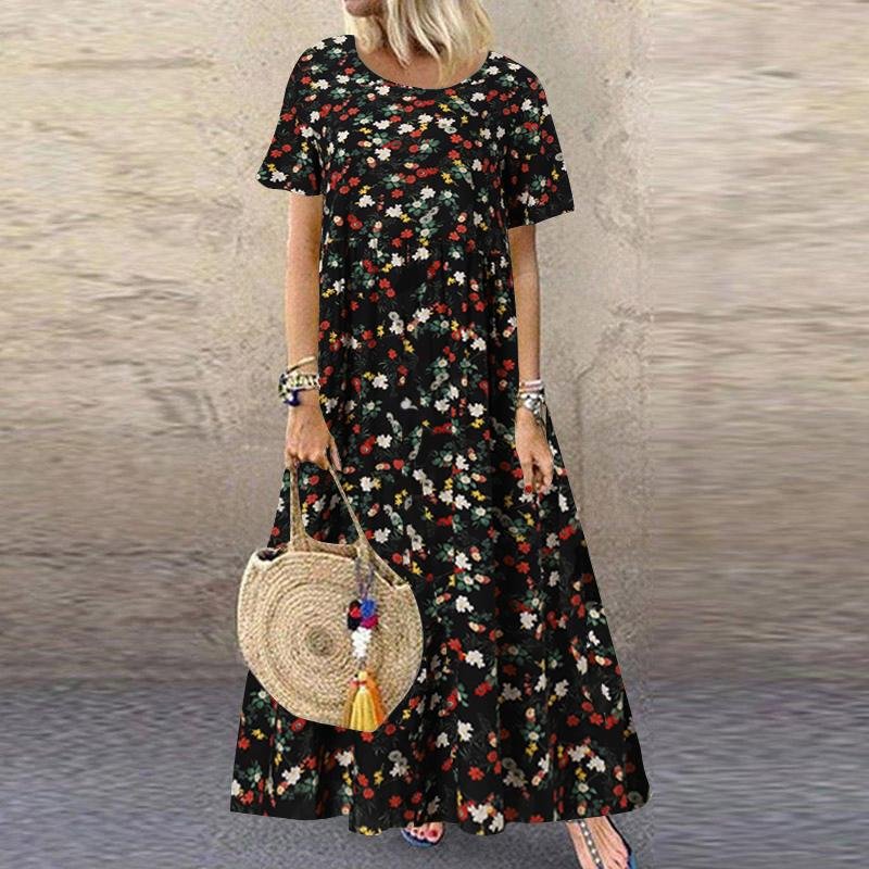 ZANZEA Bohemian Floral Printed Dress Women Summer Short Sleeve Maxi Sundress 2021 Vintage Oversized Loose Casual Beach Vestido 7