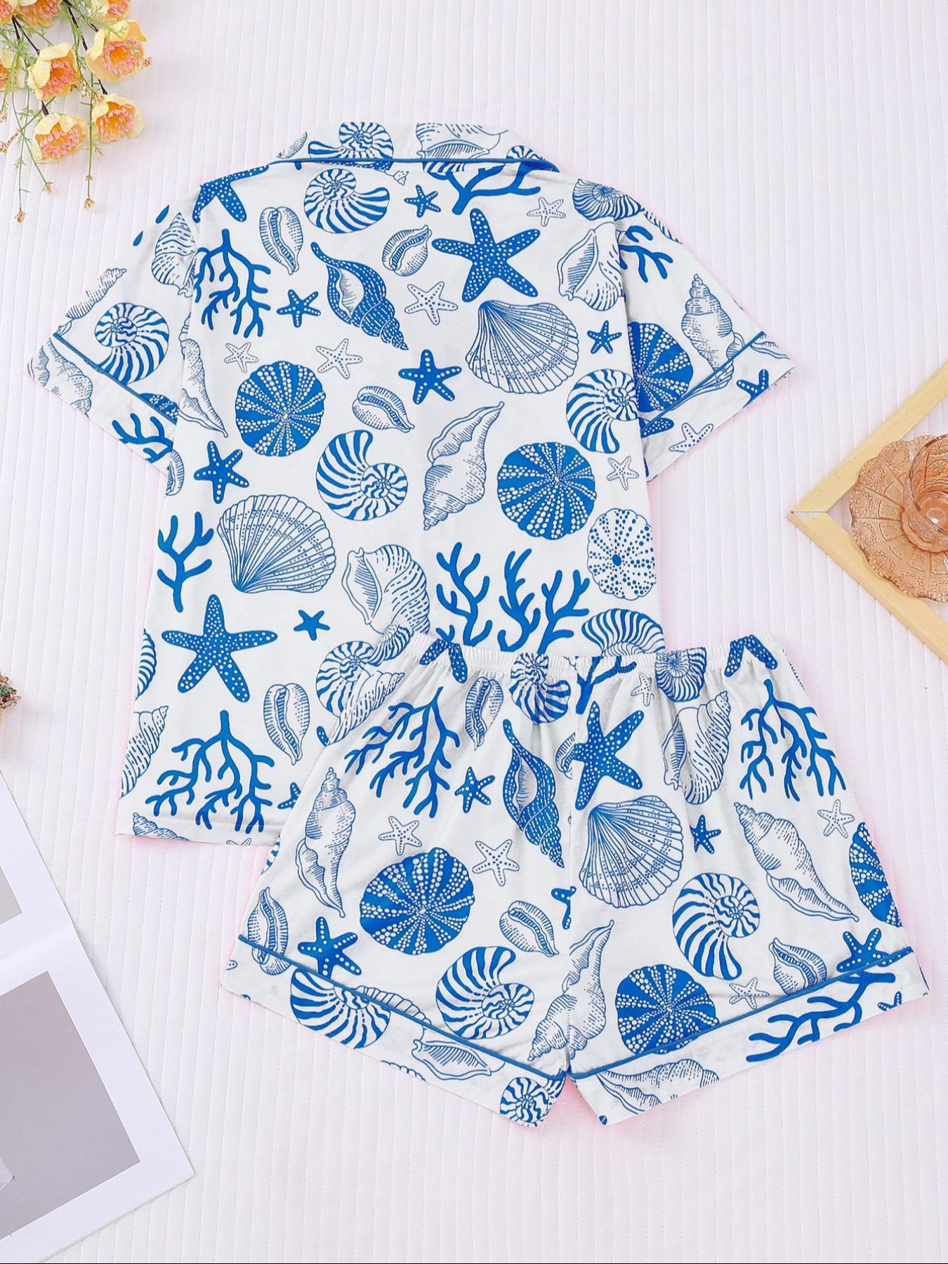 Women's All Over Shell Print Short Sleeve Pajama Two-piece Set, Elegant Casual Comfy Button Front Lapel Neck Top & Shorts Set, Ladies Sleepwear for All Seasons, Sleepwear Loungewear