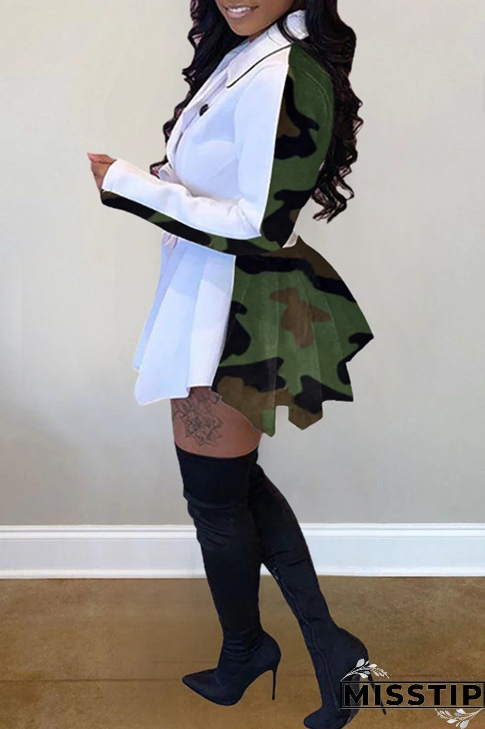 White Fashion Casual Print Patchwork Turndown Collar Long Sleeve Dresses