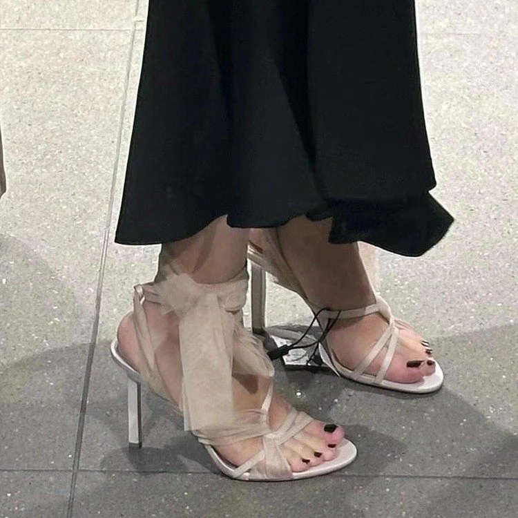 Yyvonne Tulle Cross-Lace High Heel Women 2025 New Round-Headed Toe-With Roman Sandals
