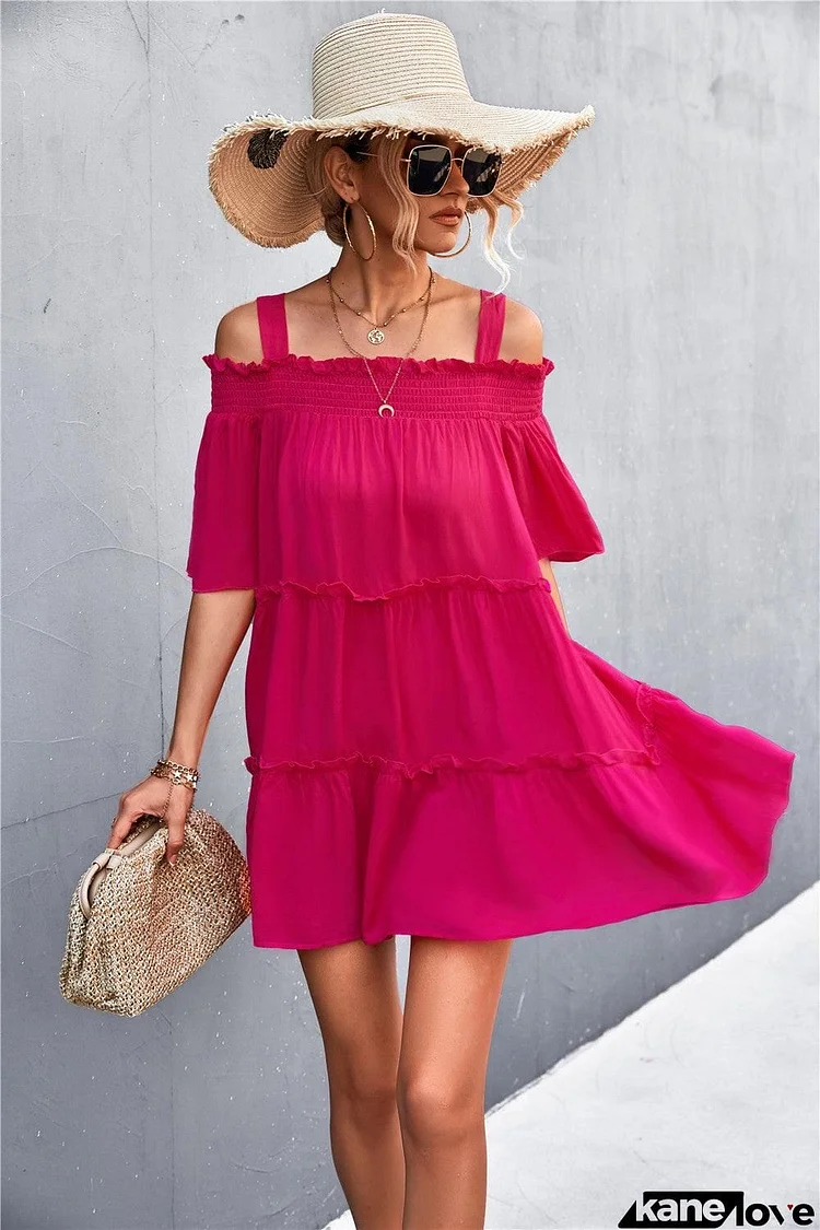 Cold-Shoulder Frill Trim Tiered Dress