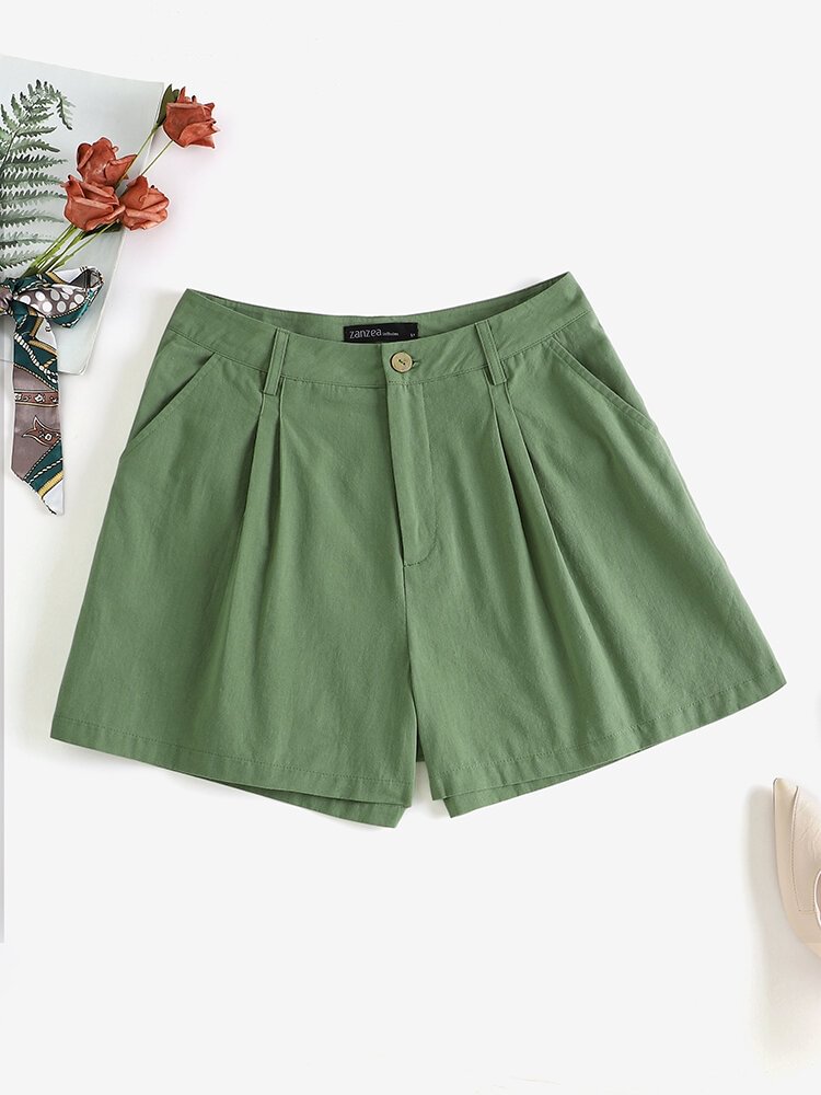 Solid Pocket Casual Wide Leg Shorts For Women