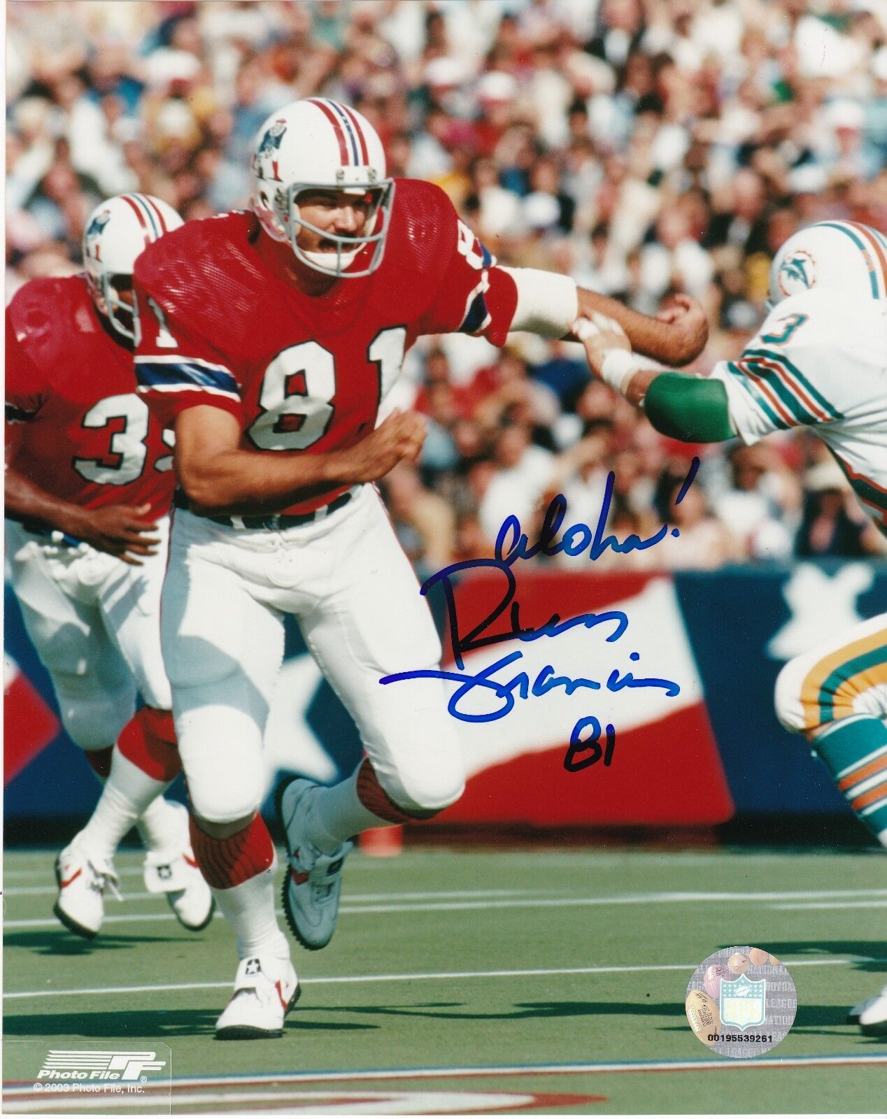 RUSS FRANCIS NEW ENGLAND PATRIOTS ACTION SIGNED 8x10