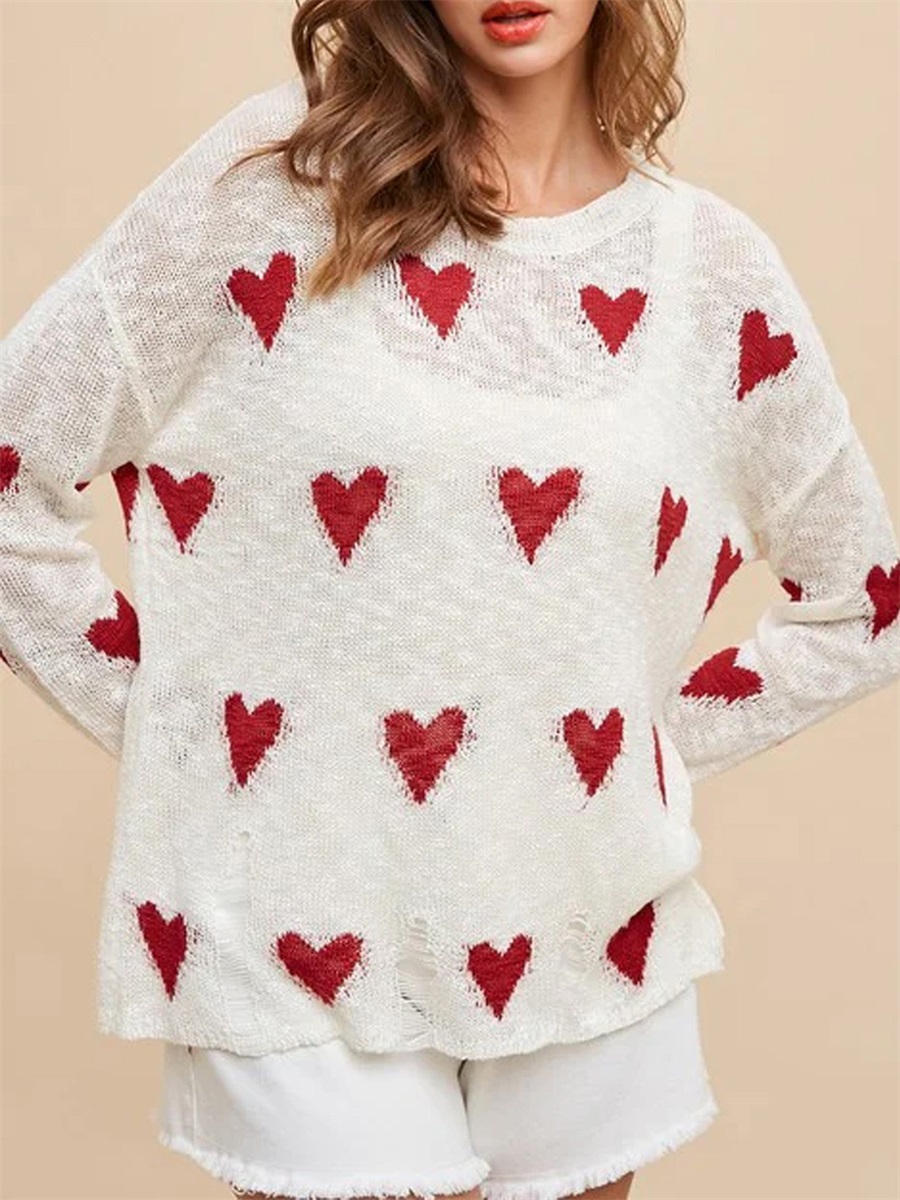 Toneke costumes for women hot Women Valentine's Day Cute Sweaters Autumn Heart Print Ripped Comfy Long Sleeve Pullover Winter Warm Basic Knitwear Streetwear