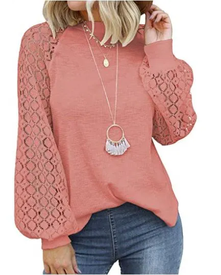 2022 New Solid T Shirt Women Fashion Lace Patchwork O Neck Long Sleeve Streetwear Loose Tops Female Casual Oversized Tee Shirt