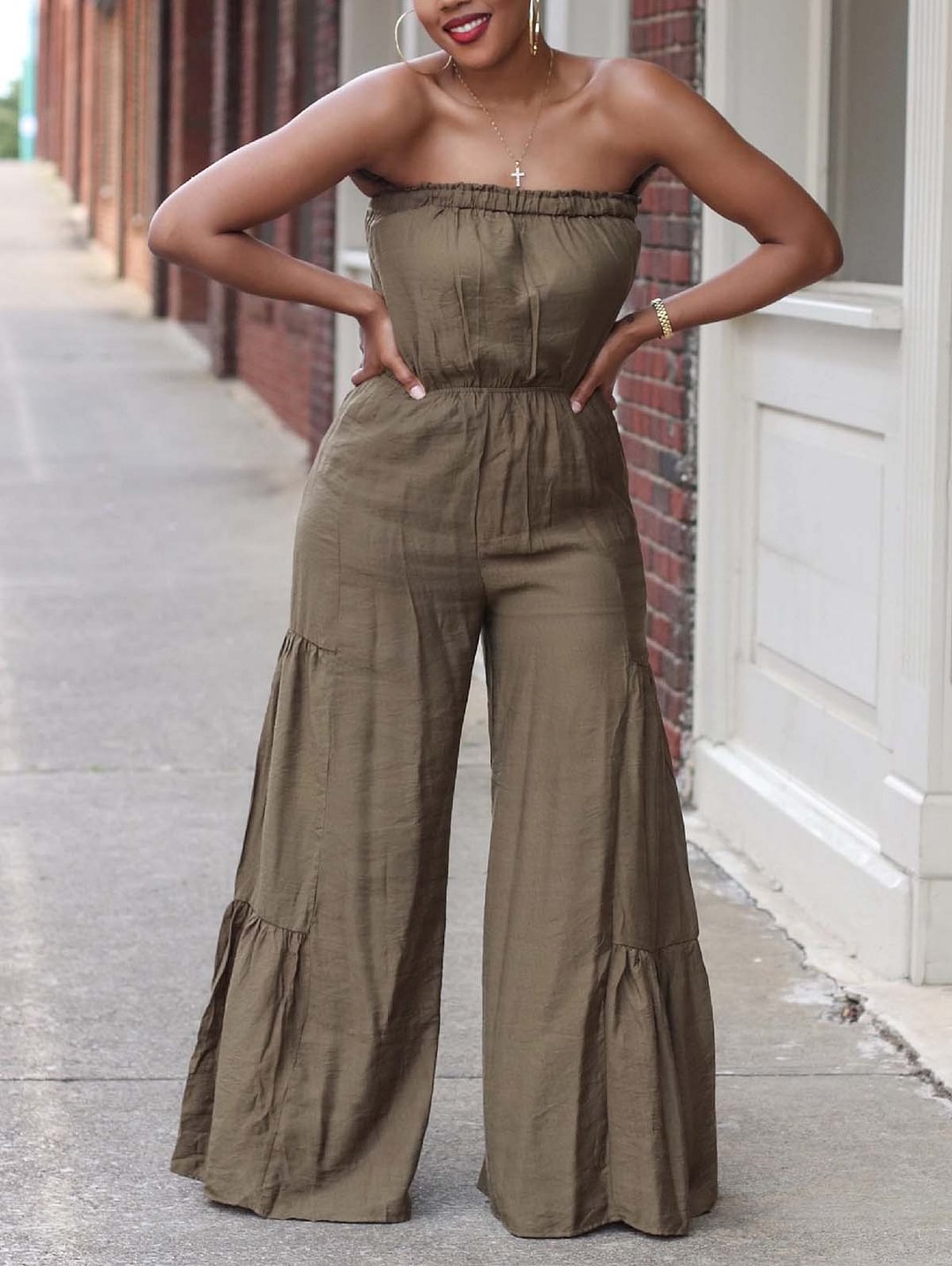 Solid Bandeau Splicing Wide Leg Jumpsuit