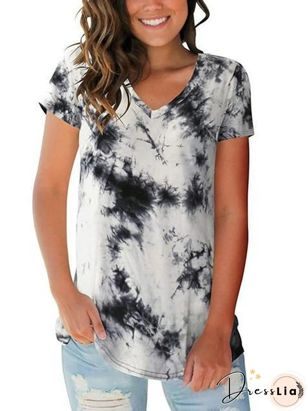 Tie-Dye Print V-Neck Loose T-Shirt