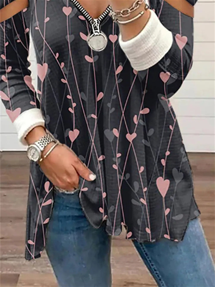 Women Long Sleeve V-neck Cold Shoulder Printed Tops
