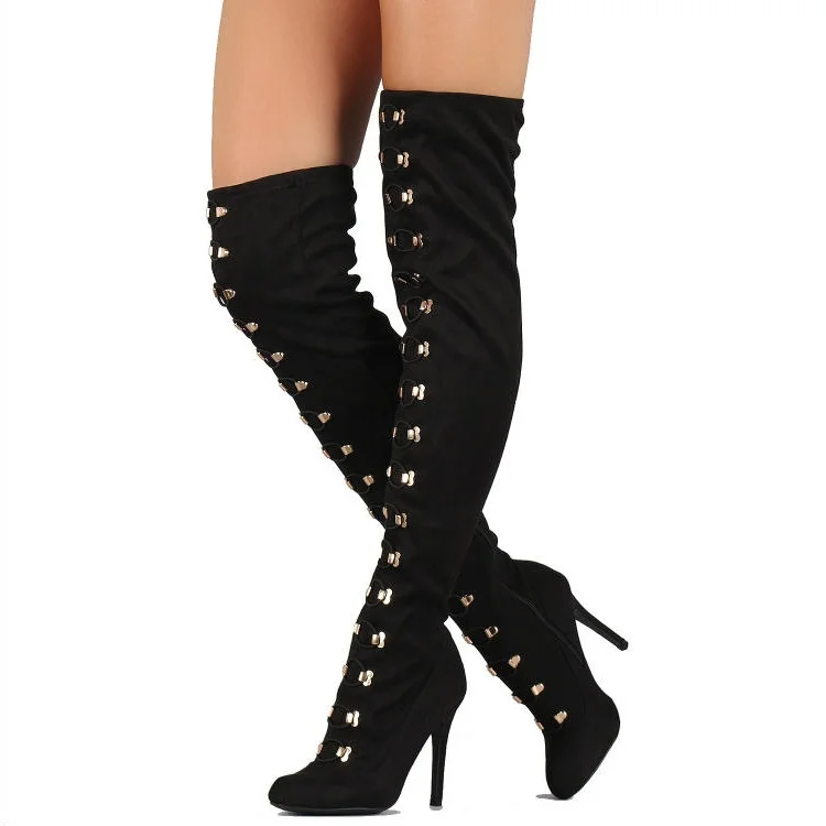 Black Vegan Suede Round Toe Thigh High Heel Boots Stiletto Heel Boots |FSJ Shoes