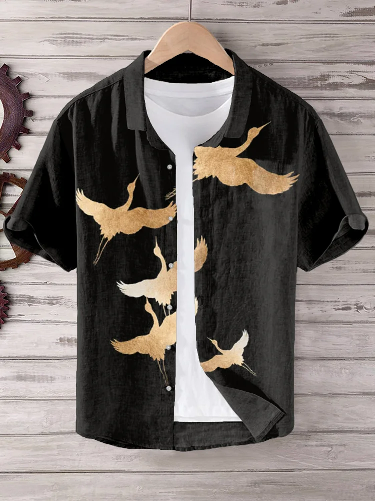 Japanese Crane Formation Pattern Linen Blend Shirt