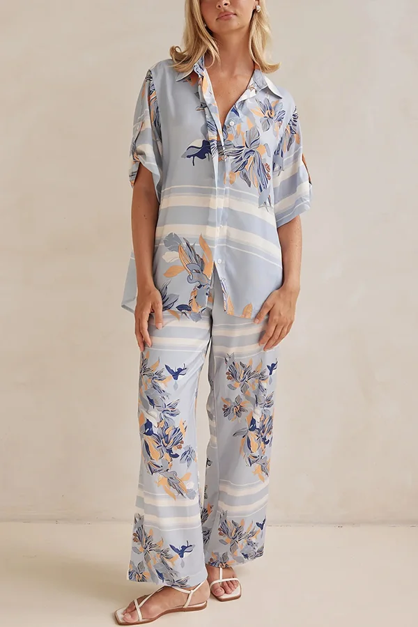 Fashionable Plant Print Loose Lapel Short Sleeve Shirt and Casual Elastic Waist Pocket Pants Set