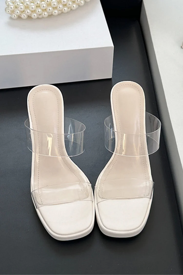 Retro White Transparent Strap Square Toe High Heel Slippers