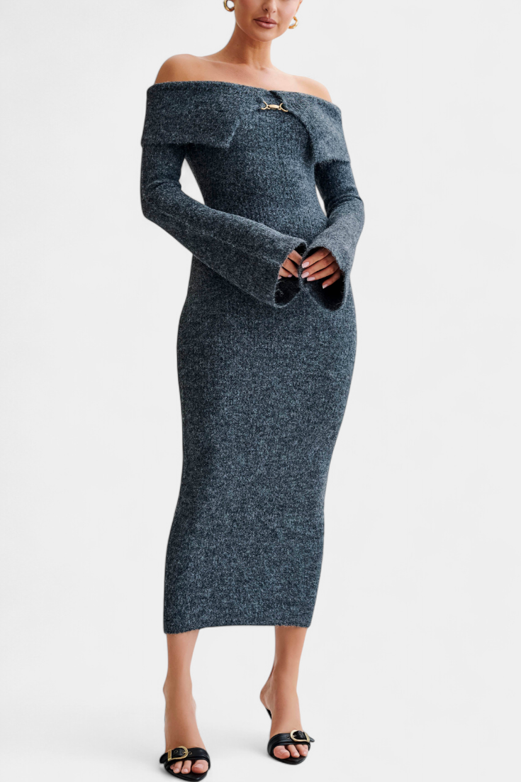 Structured One-Shoulder Knit Dress with Bell Sleeves