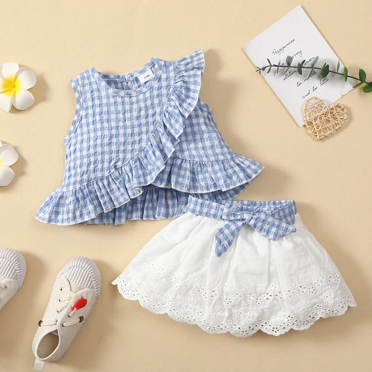 Baby Girl Plaid Ruffle Top Bowknot Mini Skirt Set