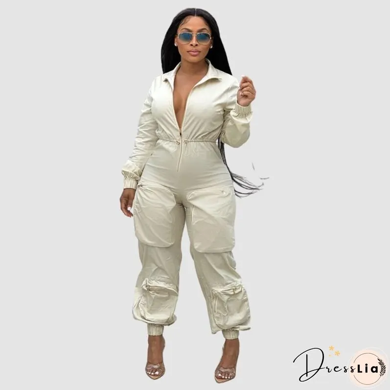 Lapel Patch Pocket Cargo Jumpsuits