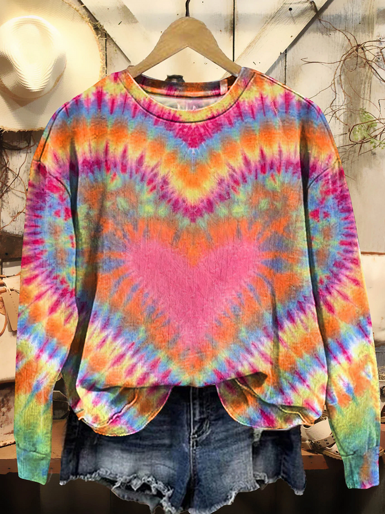 Valentine's Day Heart Tie DyePattern Crew Neck Sweatshirt