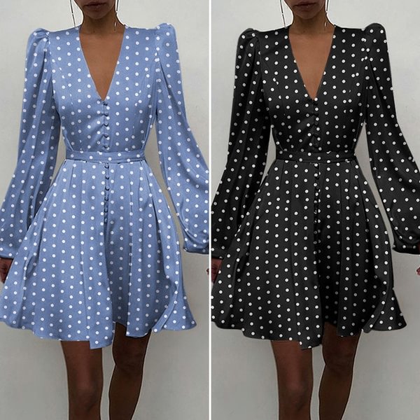 Autumn Spring Dresses Women Stain Silk Polka Dot Puff Long Sleeve V Neck Party Mini A Line Dress Plus Size - BlackFridayBuys