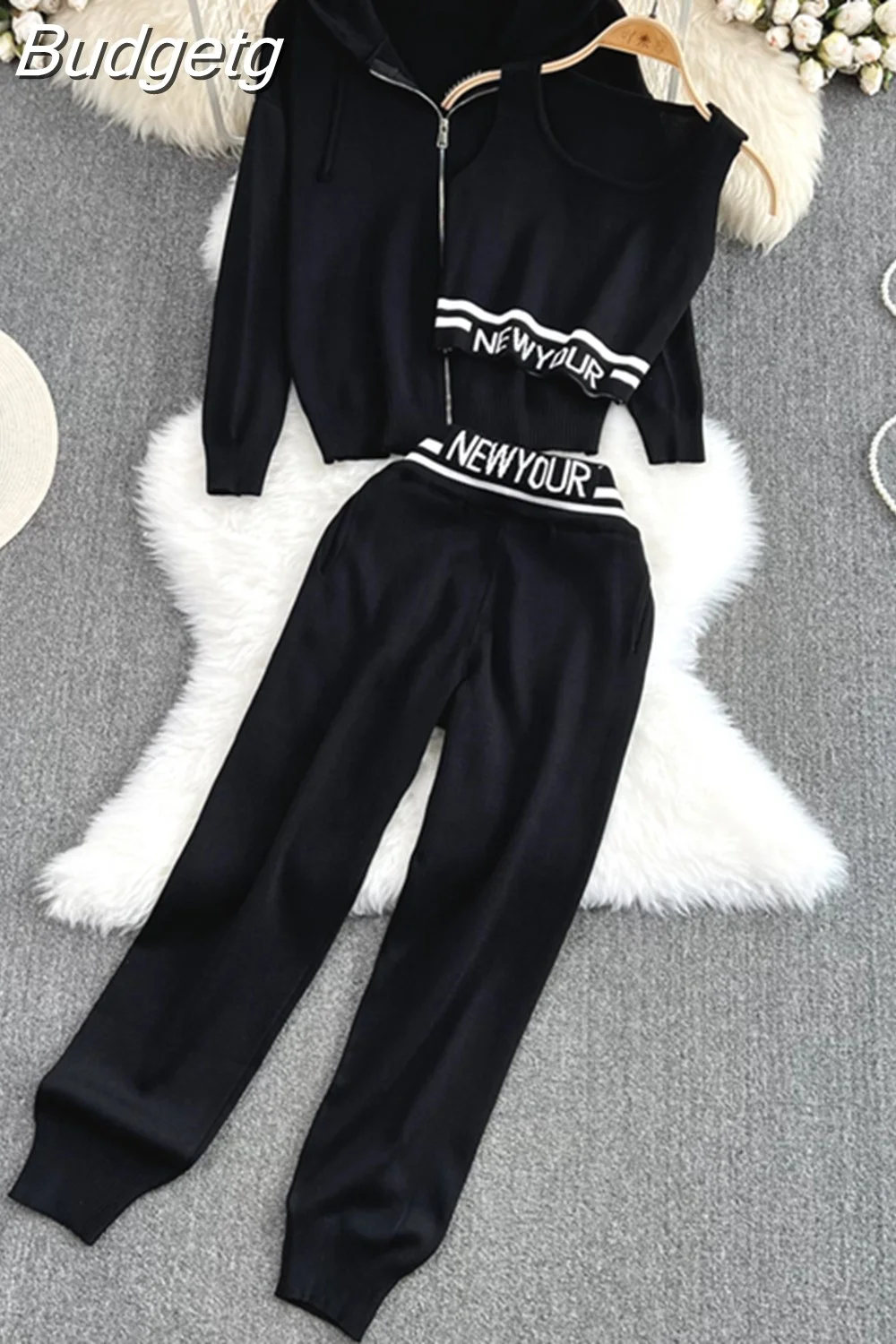 Budgetg Sweater Tracksuit Women Fashion Zipper Hooded Knit Cardigan + Letter Vest + Pocket Harem Pants SetS Women's 3pcs Suit