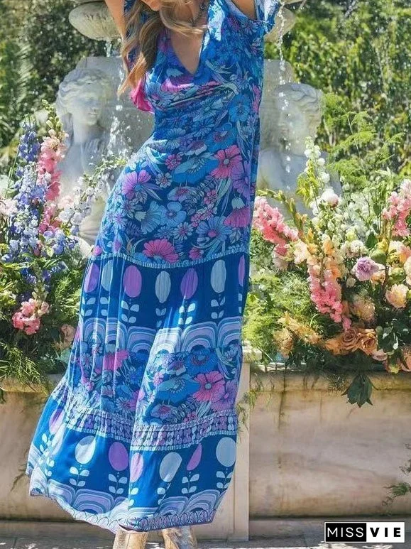 Women's Dresses Vintage Print V-Neck Short Sleeve Dress