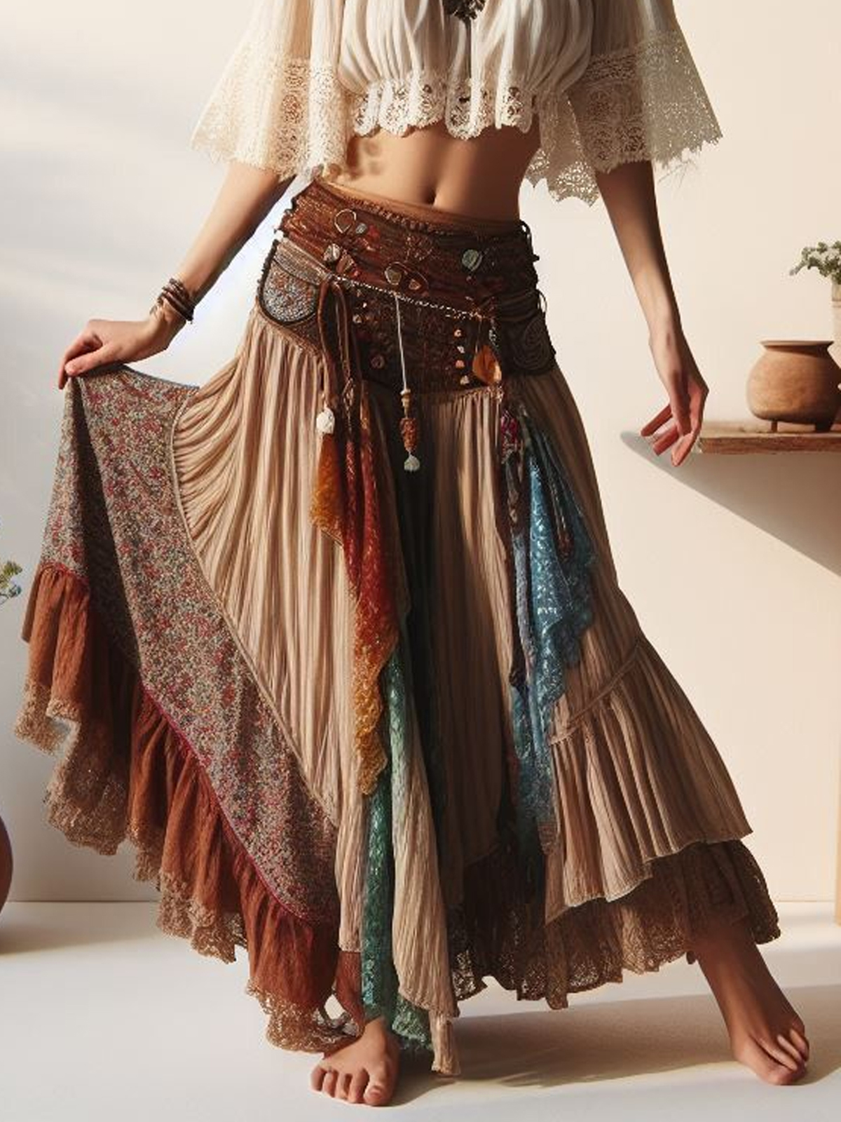 Boho Patchwork Floral Lace Trim Tiered Maxi Skirt T-Shirts& Hoodies,Custom Designs,Diverse Colors,Best Prices
