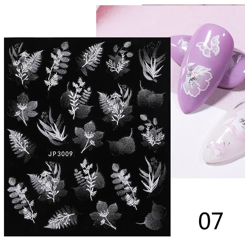 1 Sheet White Embossed Flower Lace Sticker Decal Wedding Nail Art Designs Floral Butterfly Japanese Manicures Nail Decoration