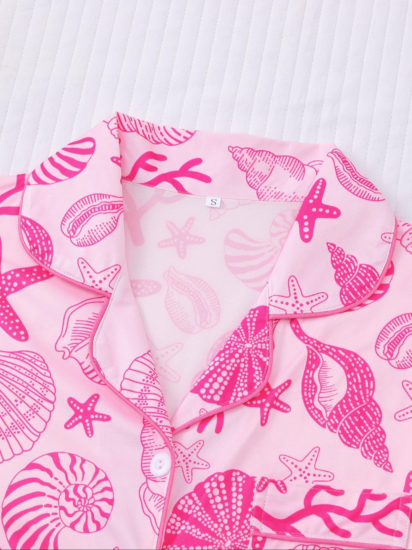 Women's All Over Shell Print Short Sleeve Pajama Two-piece Set, Elegant Casual Comfy Button Front Lapel Neck Top & Shorts Set, Ladies Sleepwear for All Seasons, Sleepwear Loungewear