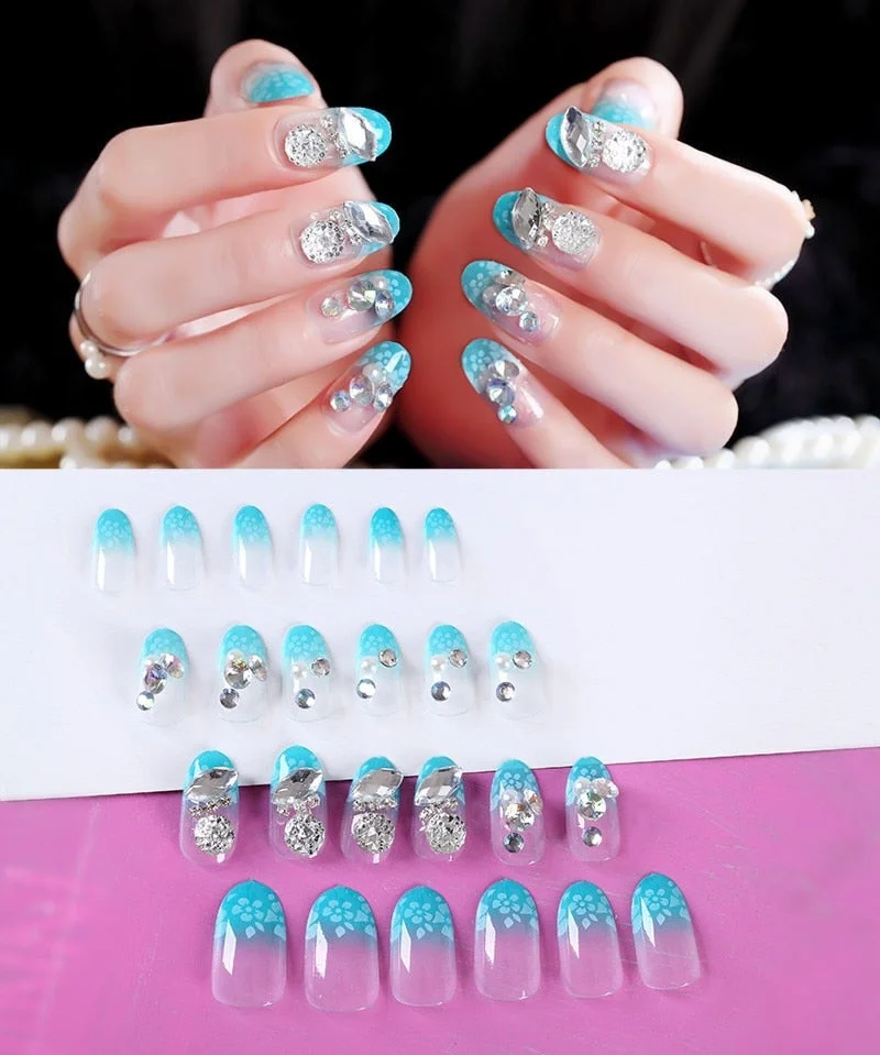 24Pcs/Set Fake Nails Press on Girls Finger Beauty False Nail Art Tips Bright Shining 3D Diamond Full Cover French Nail Art Tips-Nail Inspo