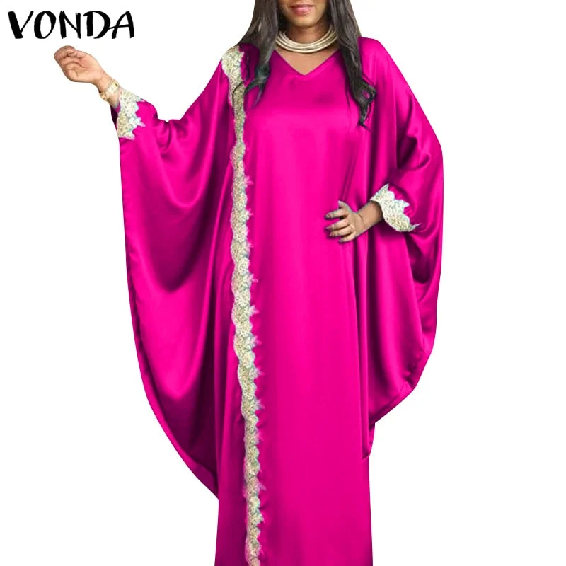 VONDA Oversized Bohemian Bat Sleeve Printed Maxi Dress 2022 Summer Ladies Pleated Party Sundress Casual O Neck Satin Long Dress