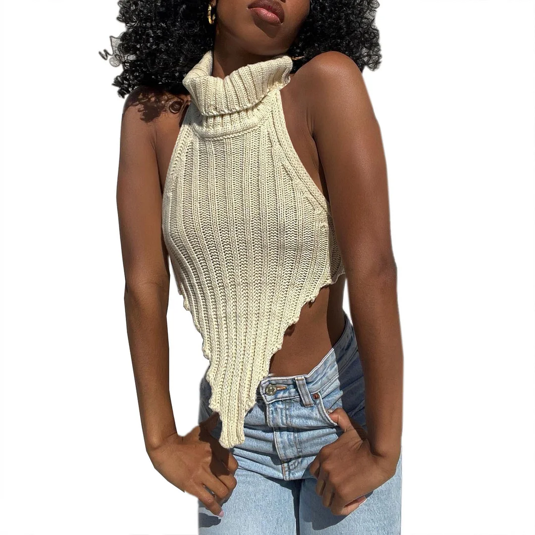 Uveng Spring And Summer New Explosion High-Collar Irregular Sexy Back Hair Weaving Small Vest