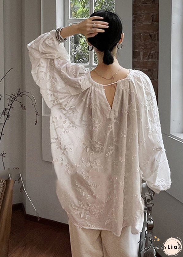 Plus Size Cozy White Embroideried Cotton Shirt Tops Fall