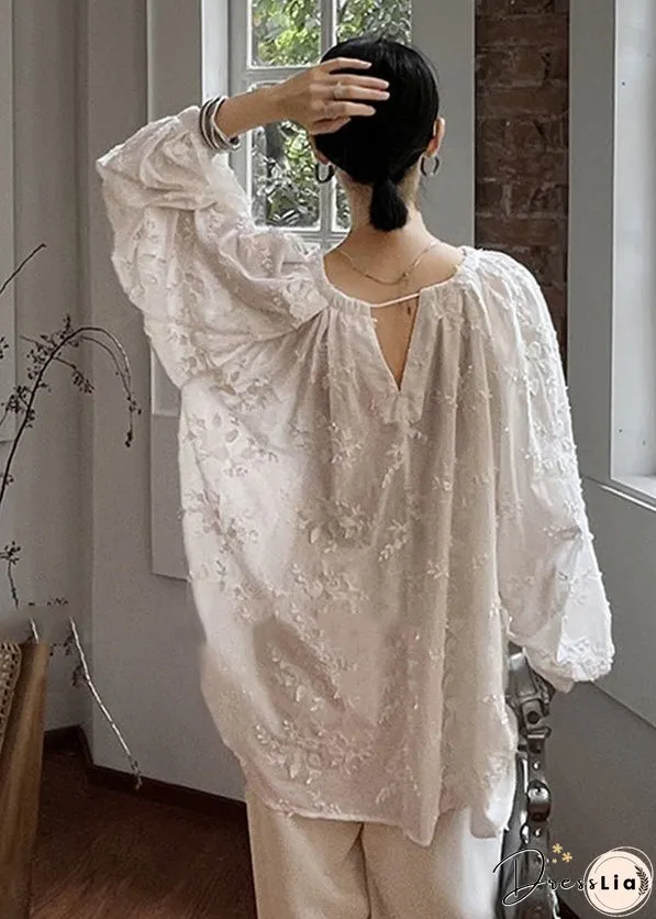 Plus Size Cozy White Embroideried Cotton Shirt Tops Fall