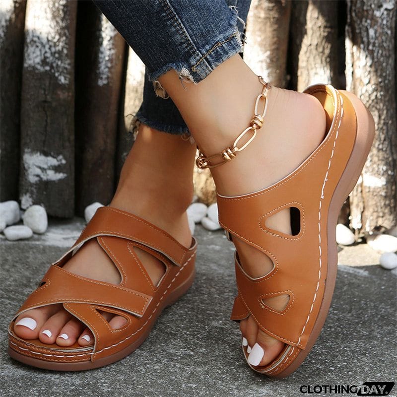 Summer Hollow Out Velcro Wedge Heel Casual Slippers for Women