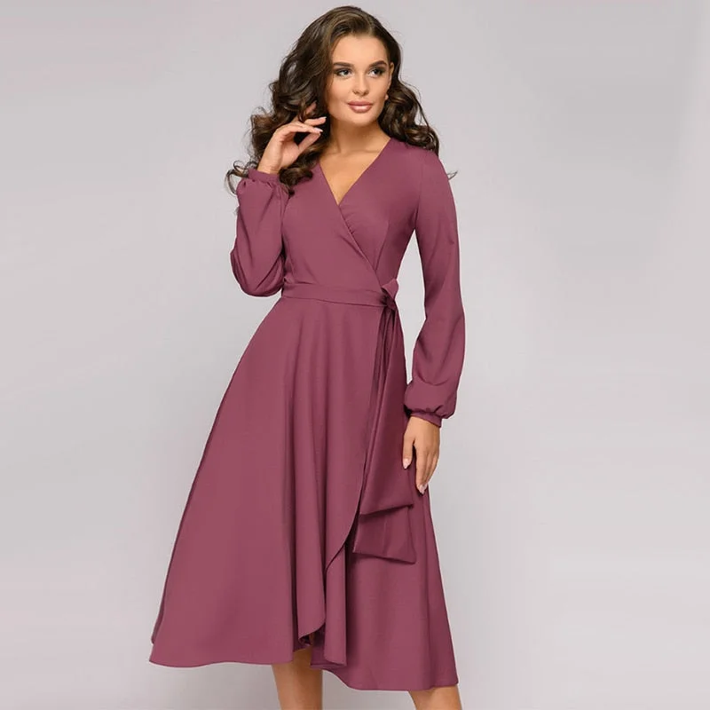Women Vintage Sashes A-line Party Dress Long Sleeve Sexy V neck Solid Elegant Casual Beach Dress 2020 Summer New Fashion Dress