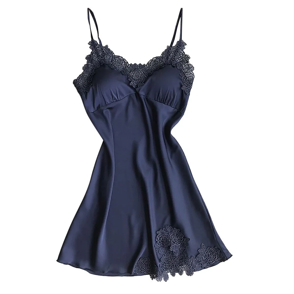 Uaang Dress Women Sexy Lace Satin Nightgowns V-neck Strap Sleeveless Lingerie Sexy Nightwear Underwear Babydoll Sleepwear Dress