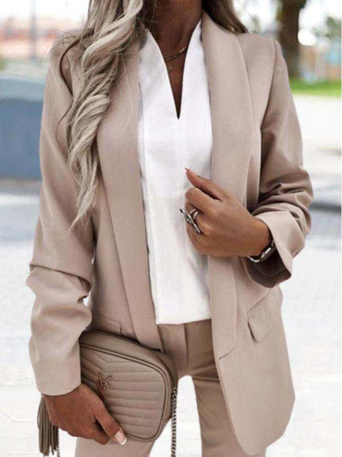 Casual Plain Autumn Polyester Natural Holiday Long Sleeve Regular Size Blazer For Women