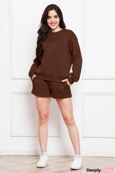 Round Neck Long Sleeve Sweatshirt and Drawstring Shorts Set