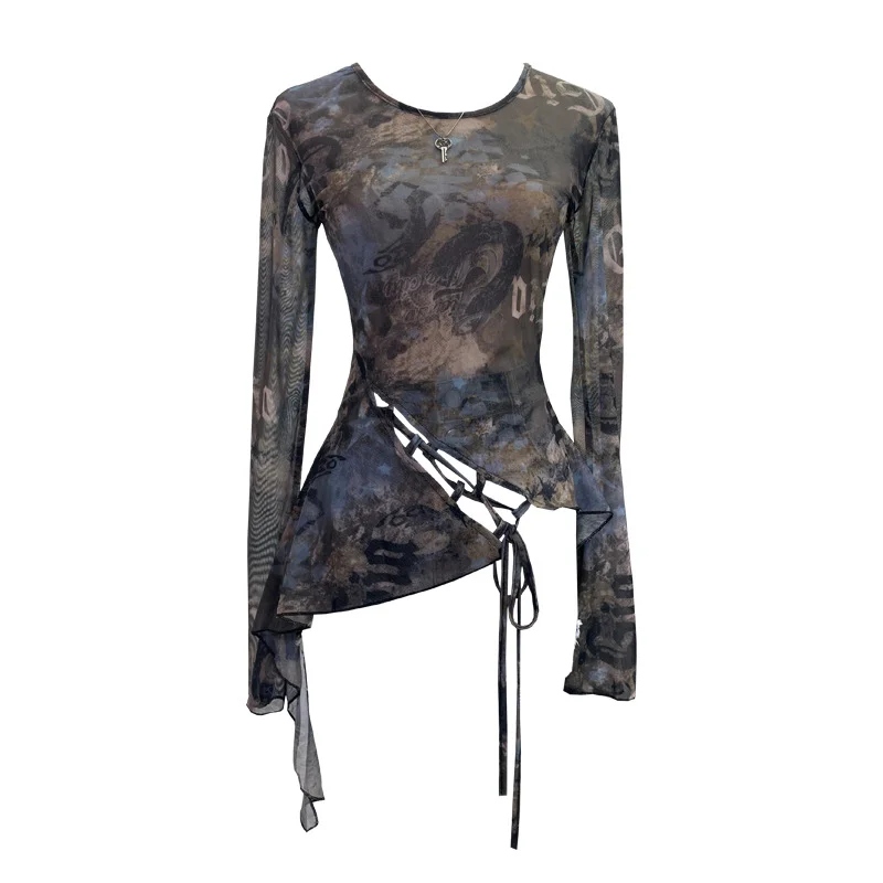 Uveng Irregular Tie With Lotus Leaf Side Tie Print Mesh Yarn Perspective Sunscreen Shirt T-Shirt T-Shirt Short T-Shirt 9928