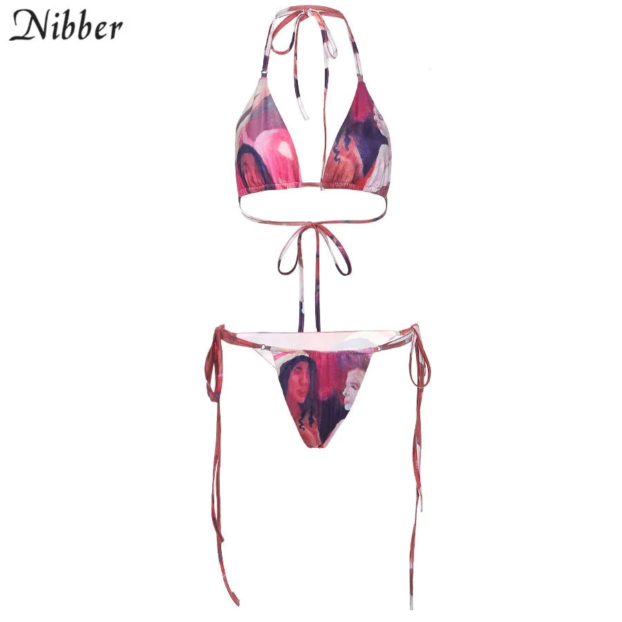 Nibber Sexy Printed Suspenders Women's Swimwear Bikini Swimwear Backless Swimwear Beach Casual Vacation Beach Party  Swimwear