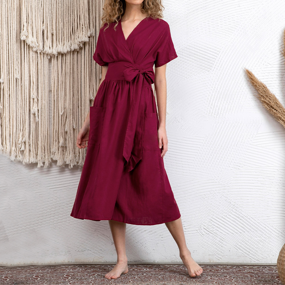 Rotimia Casual V-Neck Belted High Waist Short Sleeves Linen Dress