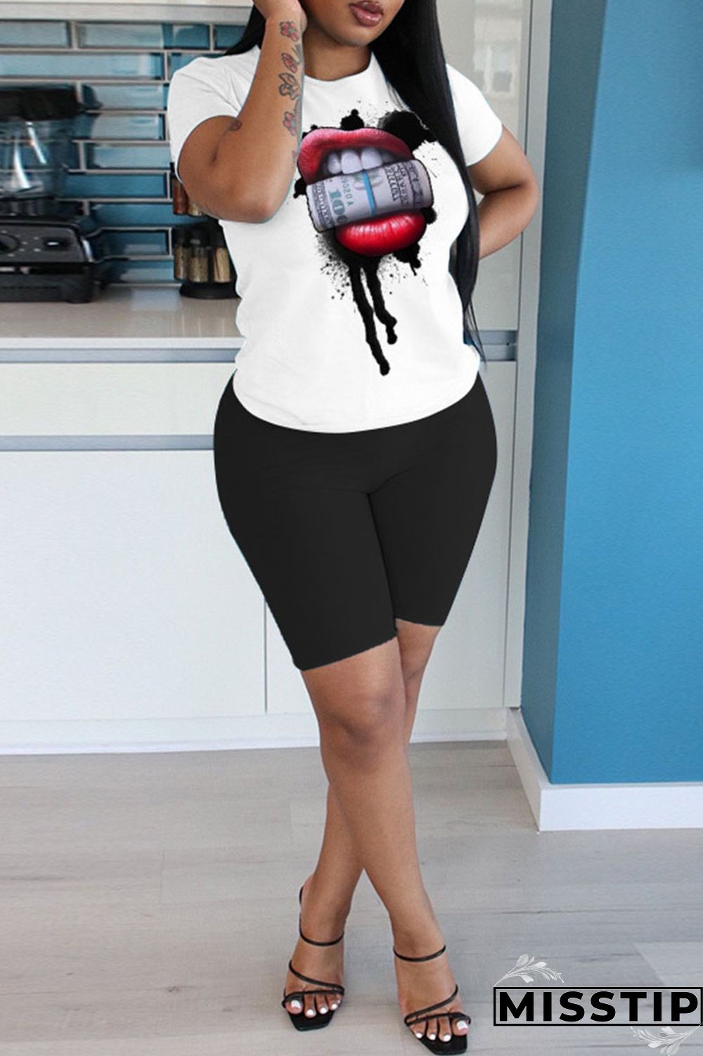 Black Casual Print Patchwork O Neck Short Sleeve Two Pieces