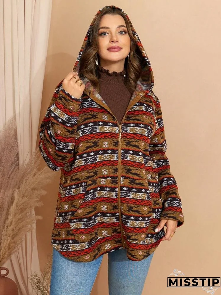 Plus Size Women Vintage Style Printed Hooded Long Sleeve Jacket
