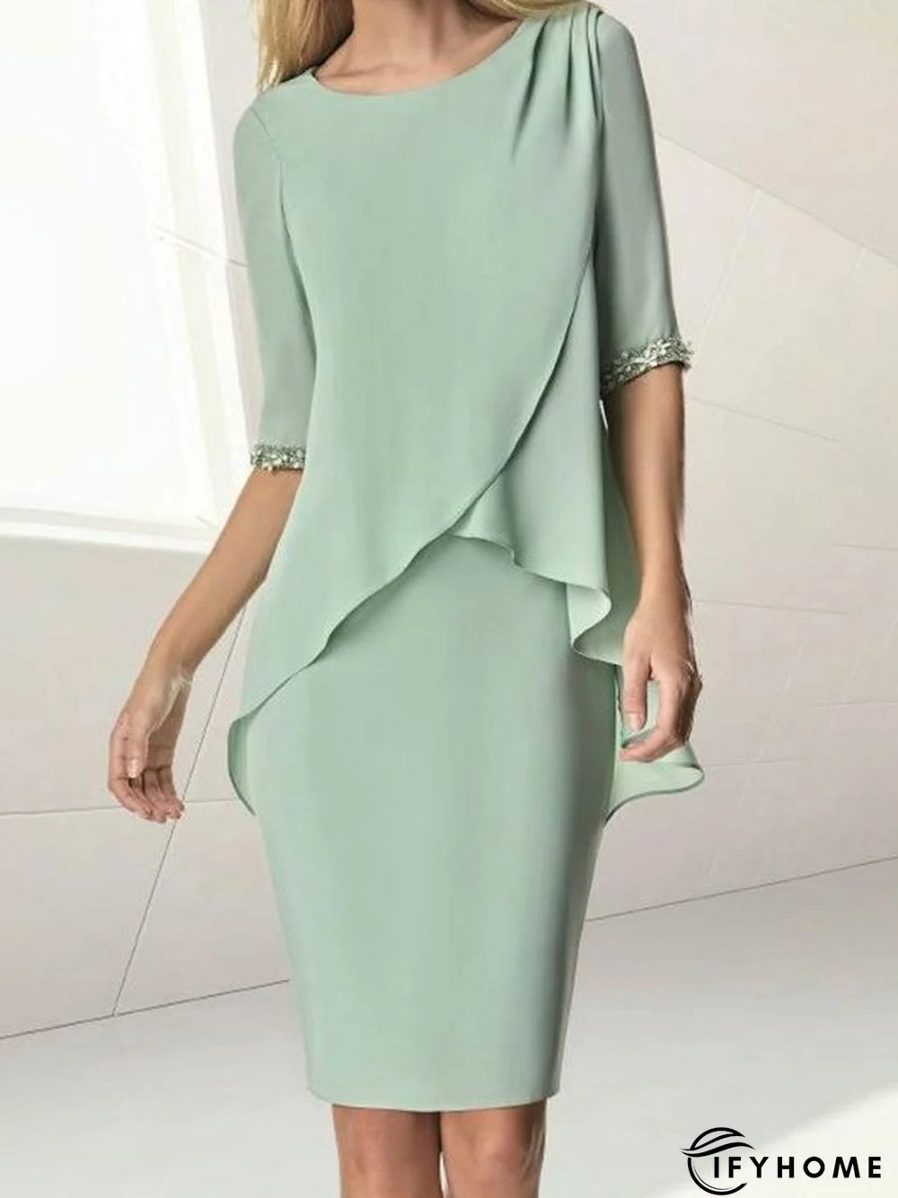 Elegant Plain Crew Neck Half Sleeve Formal Midi Dress | IFYHOME