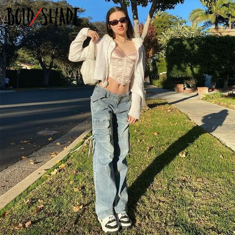 Bold Shade Indie Aesthetic Y2K Denim Jeans Streetwear Fairy Core Baggy Pants Women Pocket 90s Vintage Low Rise Jeans 2021 Summer