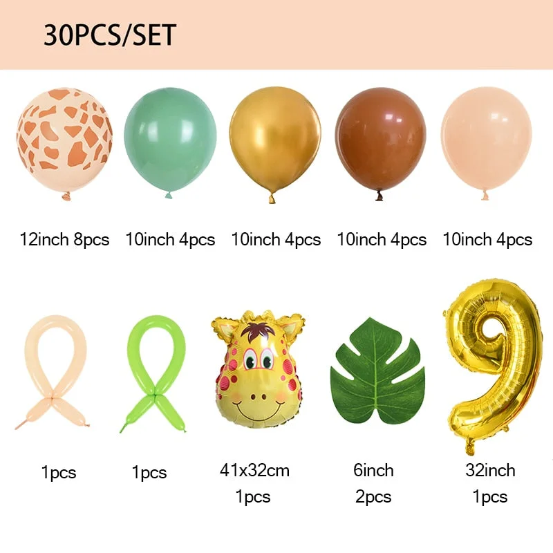 Xpoko 30pcs Jungle Safari Animal Number Balloons Set Kids 1 2 3 Years Birthday Party Decorations Wild One Green Latex Helium Globos
