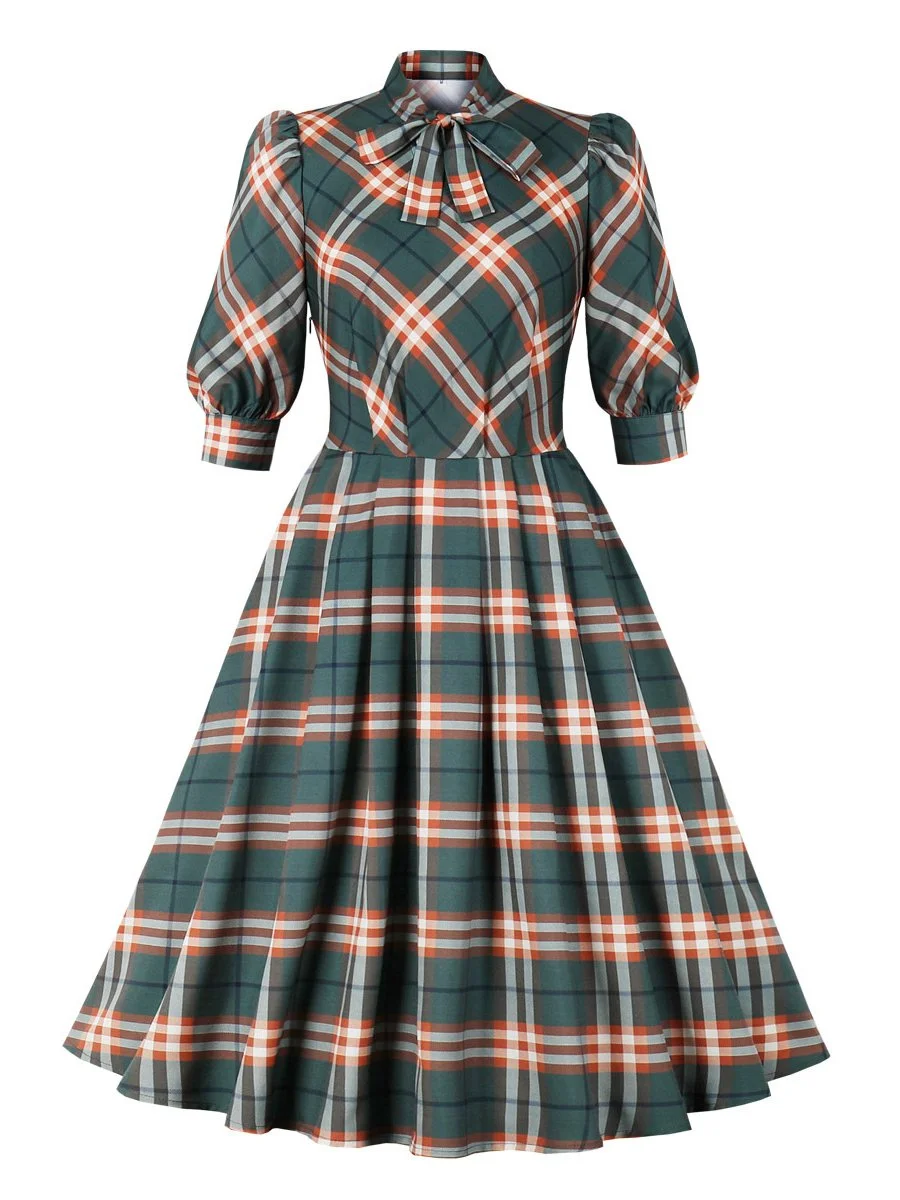 Audrey Hepburn Dress Plaid 3/4 Sleeve Bowknot Collar Swing Dress